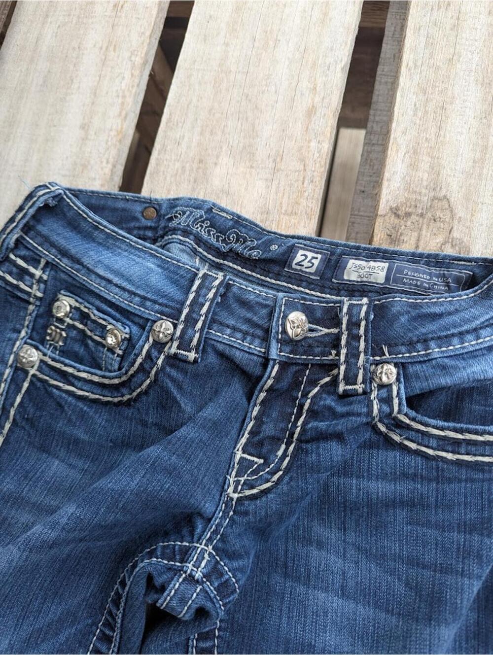 Miss Me Loose Saddle Stitch Bootcut Jeans 25 Low Rise Dark Wash Denim Fits 25x29 - Picture 4 of 9